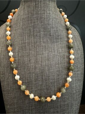 Handmade Orange Agate, Labradorite and White Pearls Beaded Necklace